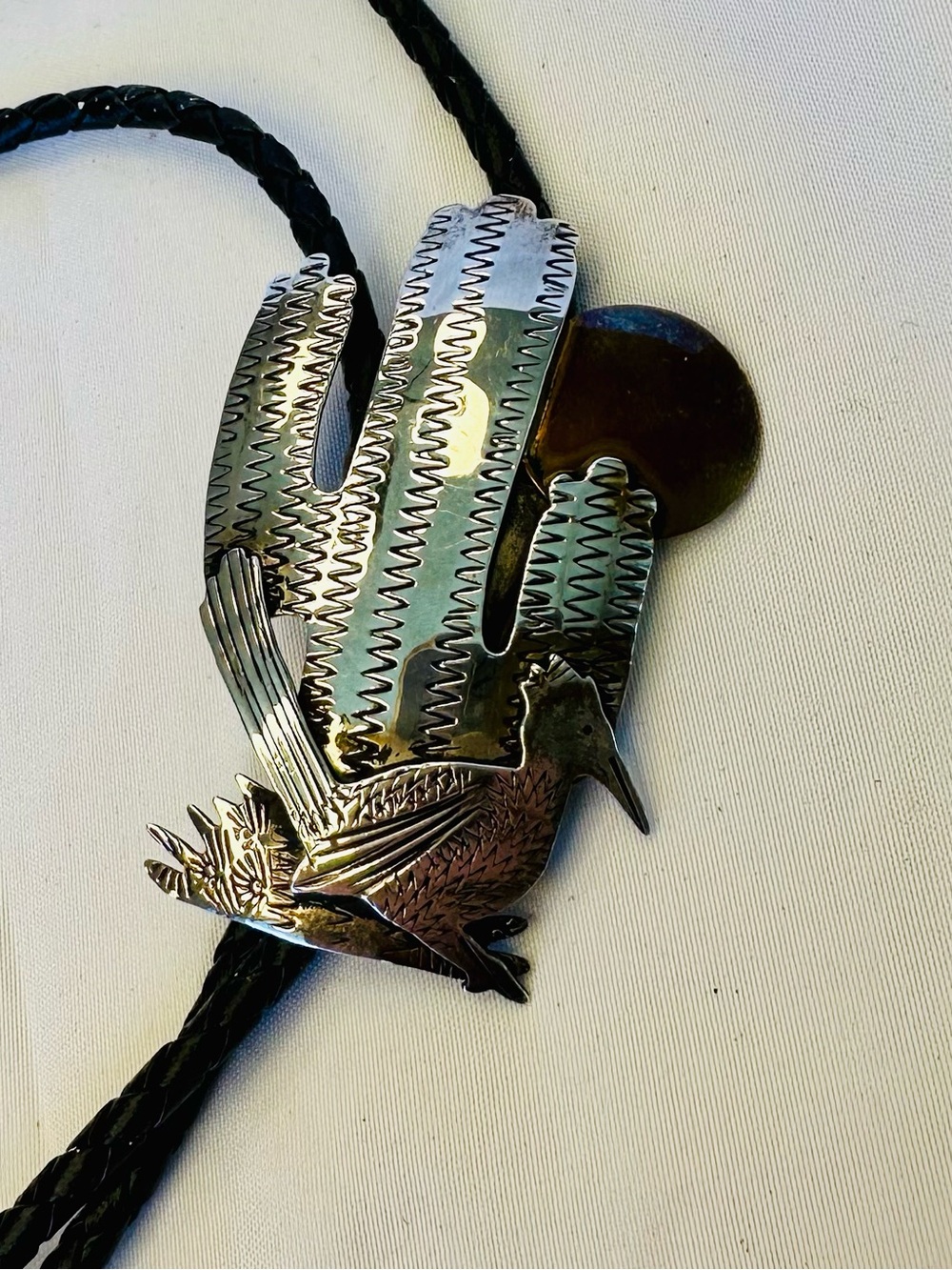 Ben G. Chavez Sterling Silver Roadrunner & Cactus Bolo Tie circa 1992